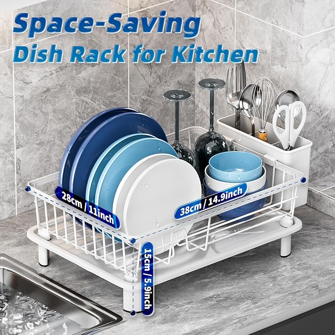 GAOKASE Dish Drying Rack, Space-Saving Dish Rack, Dish Racks for Kitchen Counter, Drying Rack Kitchen with Removable Utensil Holder, and Automatic Drainage Drainboard, 11''W x 15''L, White