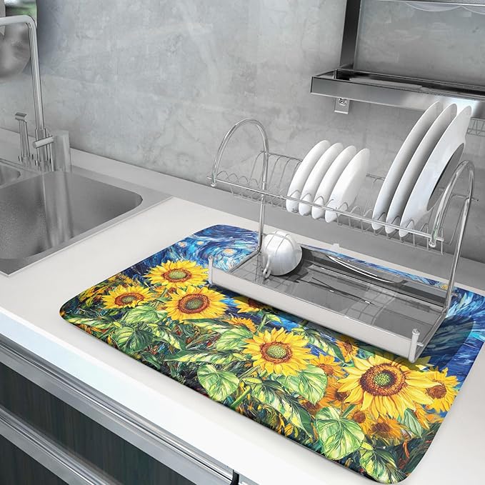 Sunflower Dish Drying Mat for Kitchen Counter 24x18 Inch Starry Night Drying Mat with Absorbent Reversible Microfiber Farmhouse Floral Dish Drainer Mats Rack Pad for Coffee Countertop Protector