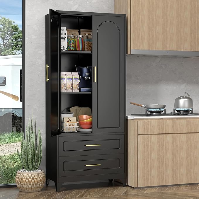 Pantry Kitchen Cabinet with Drawer, 75" Tall Pantry Storage Cabinet, Metal Storage Cabinets with Doors and Shelves, Large Freestanding Cupboard for Dining Room, Assembly Required, Black