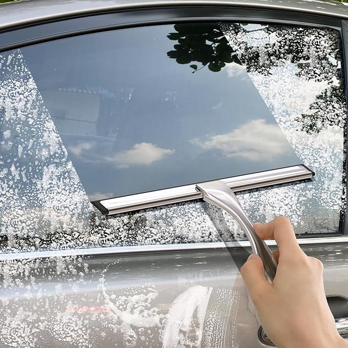 Zeerun All-Purpose Stainless Steel Shower Squeegee for Glass Doors with Adhesive Hooks, Squeegee for Shower Glass, Bathroom Household Cleaner Tool for Window Mirror Tile Wall Car, 12 inch, Silver