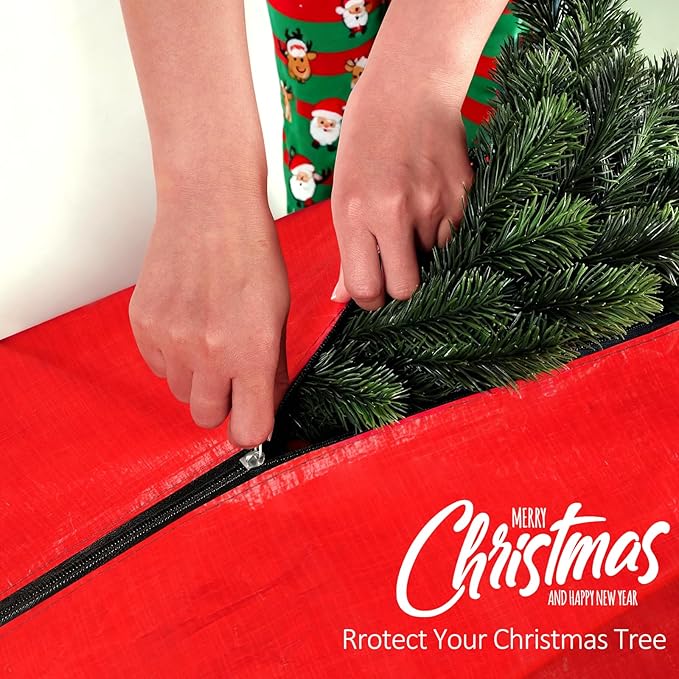 HABGP 9 ft Christmas Tree Storage Bag, Fits Artificial Xmas Holiday Tree, Durable Christmas Tree Storage Box Waterproof Material with Zippered Bag & Carry Handles, Protects from Dust, Moisture - Red