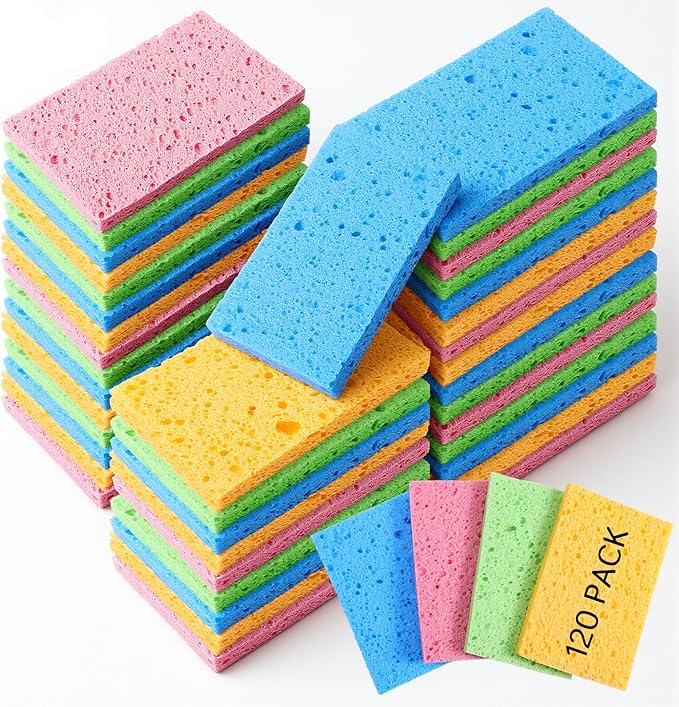 120 Pcs Kitchen Sponge Bulk Compressed Cleaning Scrub Colored Sponge, Natural Sponges Wood Pulp Sponges for Dishes for Kitchen Bathroom Cars(4.3"x2.7"x0.4")