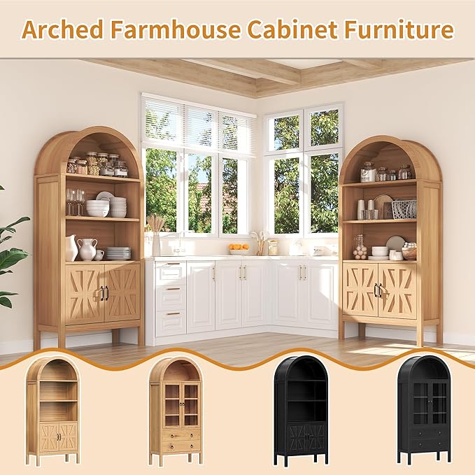 71" Tall Arched Cabinet with Storage, Farmhouse Arched Display Bookcase Cabinet with Door and Adjustable Shelves, Arch Bookshelf Storage Pantry Cabinets for Living Room, Kitchen