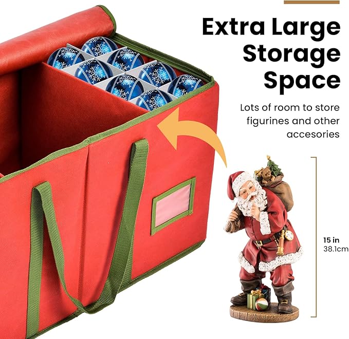 Holiday Cheer Premium Christmas Ornament Storage – Christmas Storage Container for Home Decorations and Festive Office Organizer – Fits 128 Holiday Ornaments – Tear-Proof Fabric