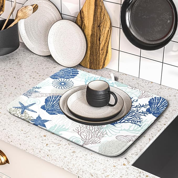 Summer Navy Blue Dish Drying Mat for Kitchen Counter 16×18 Inch Coral Drainer Pad Washable Starfish Dish Rack Pad Drainer Mat Beach Absorbent Reversible Microfiber Dish Drying Pad for Coffee Bar