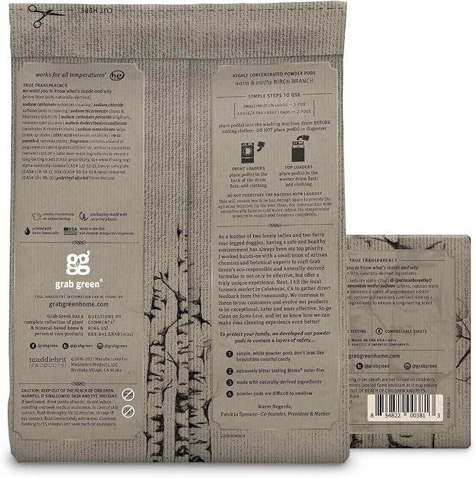 Grab Green Stoneworks Laundry Detergent Pods and Dryer Sheet Bundle, 50 Count Pods and 80 Dryer Sheets, Birch Branch Scent, Plant and Mineral Based Laundry Care Set