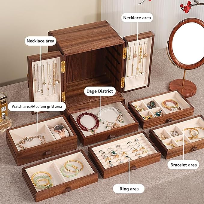 Wooden Jewelry Box for Women Jewelry Box With Drawers Walnut Wood (Walnut Wood with printing B)