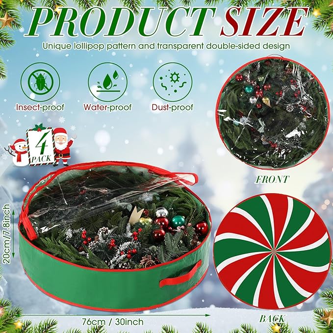 4 Pack 30 Inch Wreath Storage Containers, Hard Shell Christmas Garland Storage Bags with Handle Dual Zipper, Red Green Round Storages Box for Xmas Valentine Winter Wreath