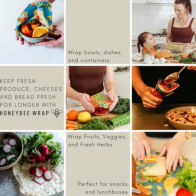 Honeybee Wrap Beeswax Wraps for Food - The Kitchen Collection - Organic Cotton Beeswax Wrap - Reusable Beeswax Food Wrap - Plastic Wrap/Sandwich Bags Alternative - 4 Pack, S, M, L & XL