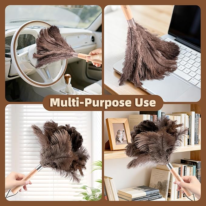 Nicemiya 2 Pack Ostrich Feather Dusters with Wooden Handle, 13.5 inch Natural Fluffy Feather Dusters for Dusting Home, Car, Delicate Surfaces, Reusable Soft Cleaning Tools for Ledges, Blinds