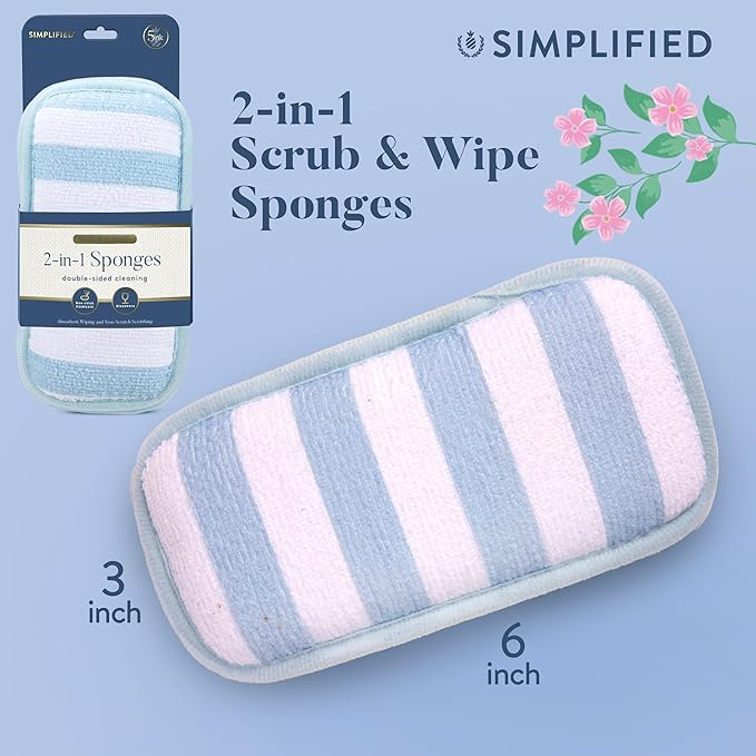 Simplified 5-Pack Scrub & Wipe 2-in-1 Dishwashing Sponges - Non-Abrasive Cleaning Sponges, Double-Sided - Safe for Dishes, Non-Stick Pans or Glassware, Absorbent Dish Sponges, Blue Stripe