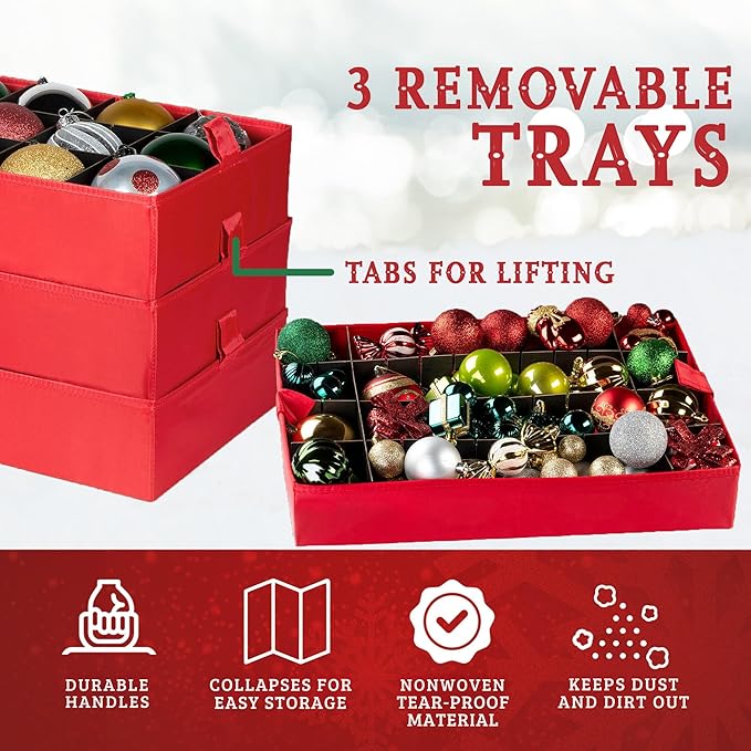 Christmas Ornament Storage Container,Box Stores Up to 54, Adjustable Dividers, Large Organizer Bin to Protect and Store Holiday Décor
