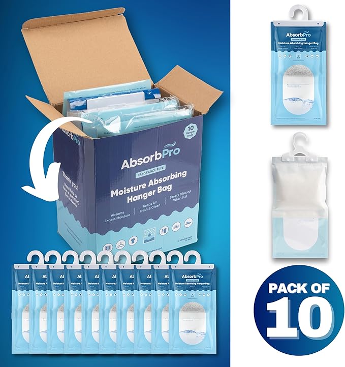 Absorb Pro - Moisture Absorbing Hanger Bag Fragrance Free - 10-Pack - 9.8 oz Hanging Dehumidifying Packs for Home, Kitchen, Bedroom, Bathroom, Closet, Rooms, Cars