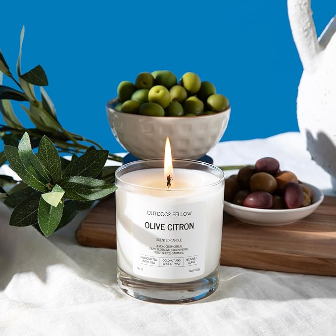 Outdoor Fellow Olive Citron Scented Candle – Highly Scented 8oz Jar Candle with Lemon, Citrus & Herbs – Non Toxic, Long Lasting Fragrance for Lemon Decor Accent in Home or Kitchen