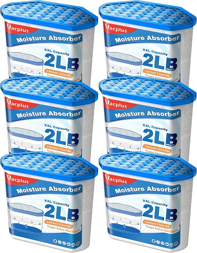 Vacplus Moisture Absorber Buckets – Large Capacity Dehumidifier and Humidity Absorber for Closet, Basement, Bathroom, RV, and Storage Areas, Unscented, 2 lbs, 6 Pack