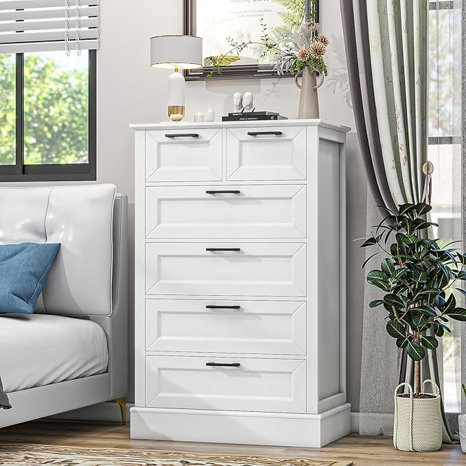 Odeekea White Dresser with 6 Drawers, Vertical Tall Dresser for Bedroom, Chest of Drawers for Nursery, Wood Closet Drawers for Hallway, Living Room, Entryway, 47” Tall Modern Farmhouse Style