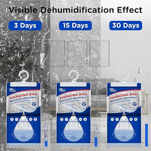 W&E Choice Moisture Absorbers Hanging Bag for Your Closet, Dehumidifier Bags for Bathroom, Fragrance Free Humidity Packs, 6 Pack