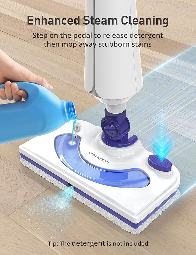 Professional Steam Mop Cleaner, 1300W Floor Steamer with Detergent Chamber, 25S Heat Up, Lightweight Steamer for Cleaning with 2 Washable Pads, Safe for Tiles, Upholstery, Carpet, Hardwood, Blue
