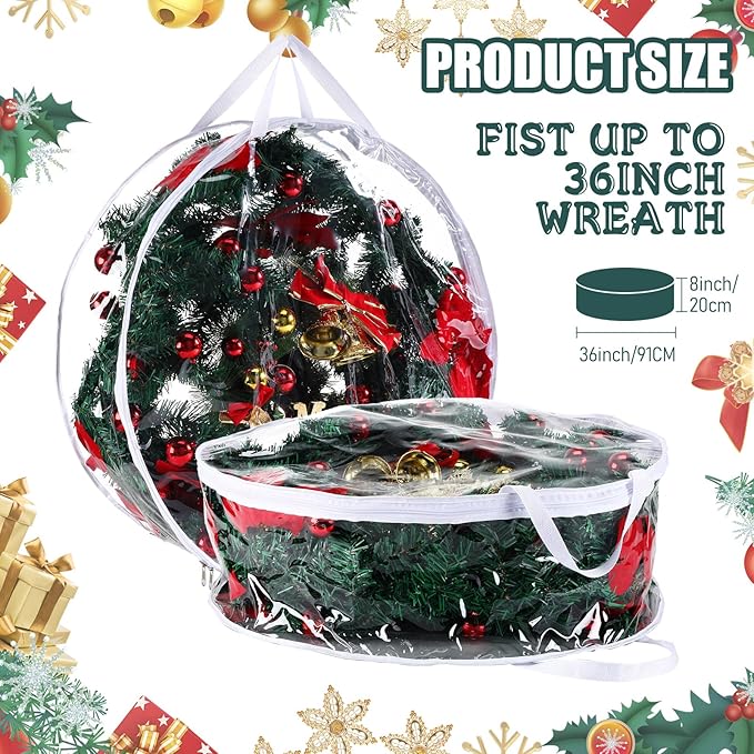 Shappy 1 Pcs 36 Inch Christmas Wreath Storage Container Clear Wreath Storage Bags PVC Waterproof Garland Bags with Clear Window Dual Zippers and Handles for Xmas Holiday Artificial Garland (White)