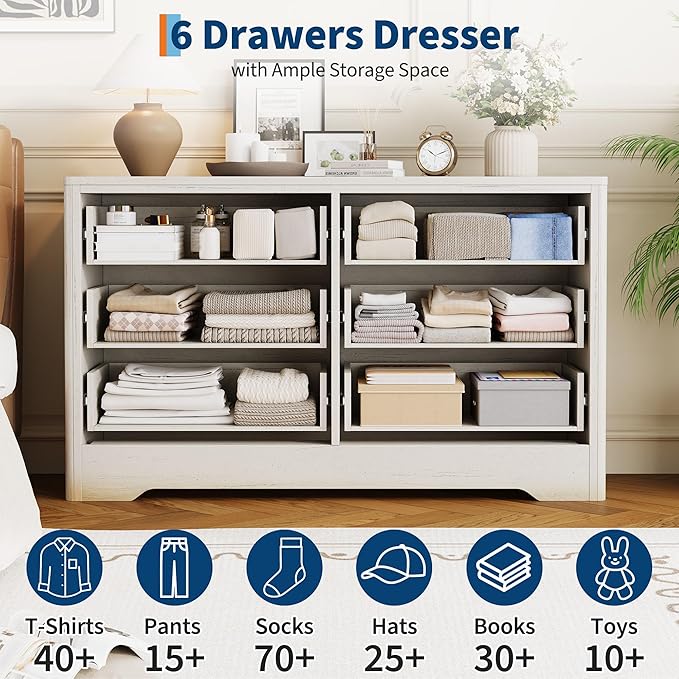 Garvee Dresser for Bedroom with 6 Drawers, 47.2'' Wide Chest of Large Decorative Drawer Front with Large Clothes Storage Cabinet, Wood Bedroom Dresser, TV Stand for Nursery, Living Room, White