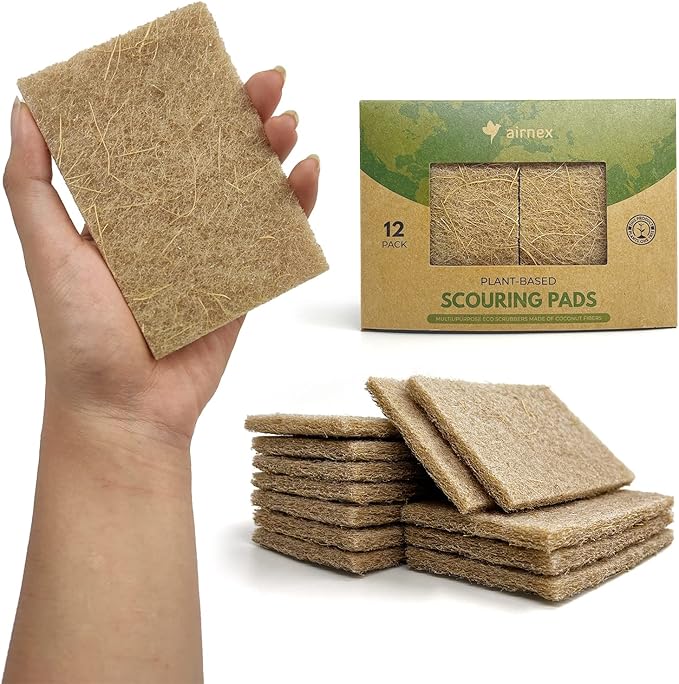 AIRNEX Plant Based Scouring Pads - Pack of 12 Coconut Husk Non Scratch Scrubbing Pads for Dishes - Multipurpose Dish Scrubbers for Cleaning - Heavy Duty Kitchen Scrub Pads for Dishes, Pots and Pans