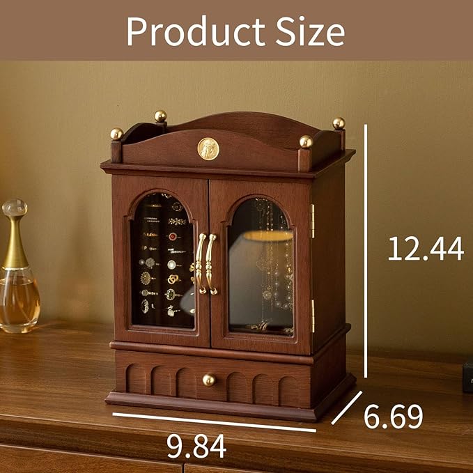 Kinsuite Black Walnut Jewelry Box, Solid Wood Display Cabinet with Rotating Hook & Glass Doors, Vintage Organizer for Rings, Necklaces, Watches Gift for Her