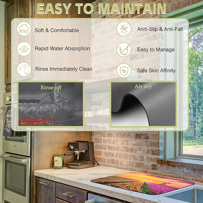 Kitchen Mat Sunrise Tulip Field Dish Drying Mat 12"x19" Bsorbent Coffee Maker Mat for Sink Dishes or Under Rack Kitchen Counter Accessories Absorbent Hide Stain Rubber Backed Dish Drying Pad