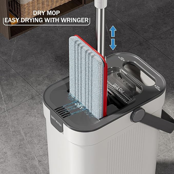 HoMettler Mop and Bucket Set, Flat Mop and Bucket System with Separate Dirty and Clean Water, 3-Compartment Wall Cleaner Mop, Flat Mops for Floor Cleaning with 4 Microfiber Pads