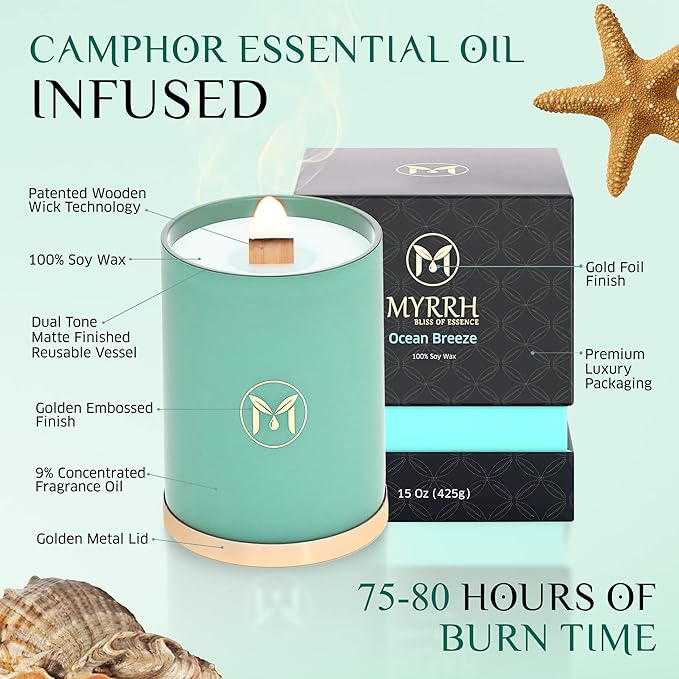 MyrrhUSA Ocean Breeze Scented Candle – 15 oz Natural Soy Wax with Crackling Wooden Wick & Essential Oils | 80 Hour Burn | Luxury Aromatherapy Candle for Relaxation, Home Décor, Living Room & Bathroom