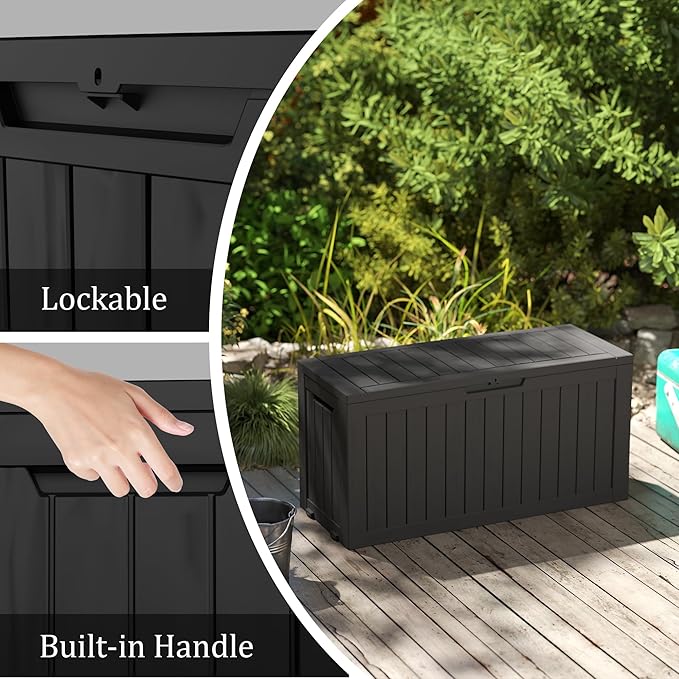 Outdoor Storage Box Waterproof with Wheels, 75 Gallon Lockable Resin Deck Box Patio Storage Bin for Pool Accessories Cushion Furniture, Garden Tools, UV-Resistant Outside Delivery Black