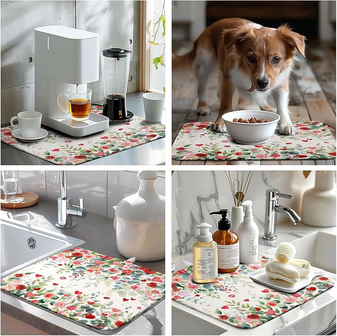 Wnoesat Valentine Dish Drying Mat for Kitchen Counter 16x18 Inch Valentines Love Heart Rose Eucalyptus Leaf Dishes Drying Pad Microfiber Absorbent Dish Draining Washable Dish Drainer Mat