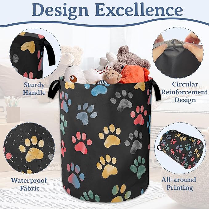 Cute Cat Dog Paw Prints Laundry Basket,Foldable Oxford Cloth Laundry Hamper With Handle, 20.8"x16" Portable Clothes Storage Basket Bag for Laundry Room/Bathroom/Bedroom/Dormitories