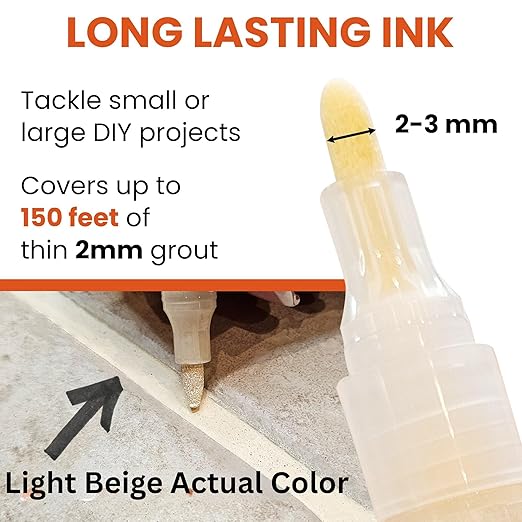 Light Beige Grout Paint Pen – Restore and ReColor Your Grout – Restores, Colors & Seals – Fast Drying, Waterproof, Long Lasting Color for Bathroom, Showers & Kitchen Floors.