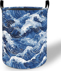 Ocean Wave Laundry Basket Hamper 19.7"x15.8", Japanese Wave Foldable Waterproof Oxford Clothes Storage Bucket for Room Bathroom Bedroom Nursery Decor, Toy Organizer Bins Gifts for Kids Boys Girls