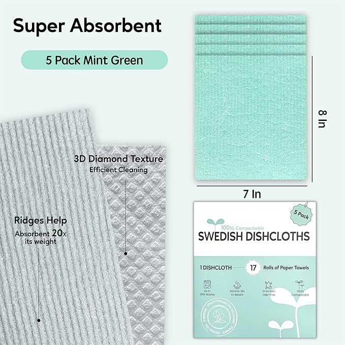 Auggee Swedish Dishcloths for Kitchen, 5 Pack Swedish Dish Cloths, Ultra Absorbent Reusable Paper Towels, Cellulose Sponge Cloths, Quick Drying, No Odor, Dishwasher Safe Mint Green