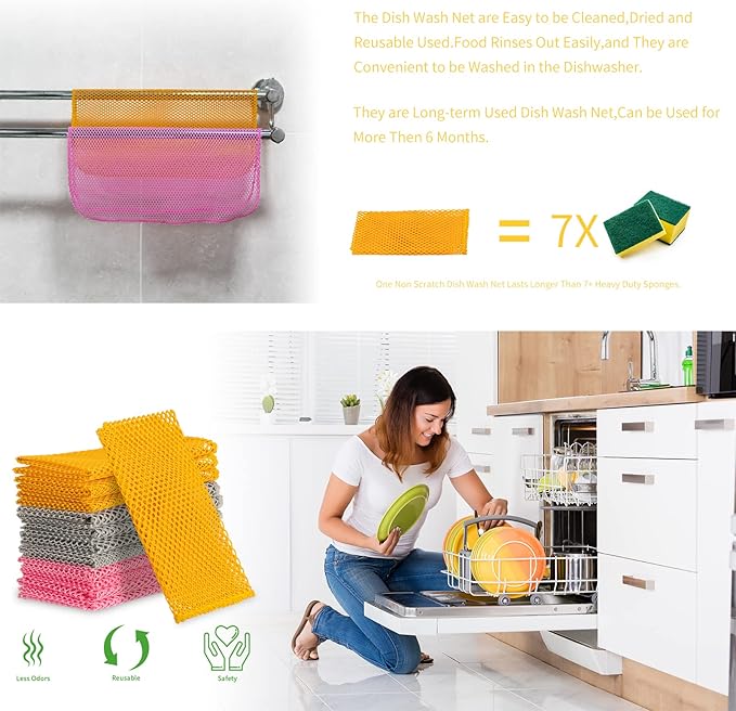 BAIKAFU 6Pcs Dish Wash Net,Innovative Mesh Cloth,Ultra Non-Scratch Dish Rags for Washing Dishes,100% No Odor/Quick Dry,Perfect Scrubber,Dish Sponges for Washing Dishes Yellow/Pink/Gray
