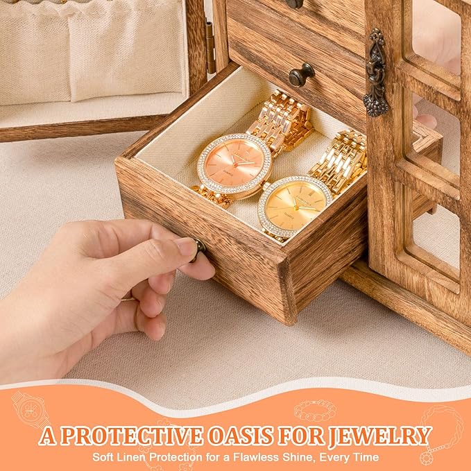 Jewelry Box Organizer, Farmhouse Wooden Jewelry Boxes for Women Girls, 6 Layer Jewelry Case Storage with Bracelet Holder Display Hooks for Necklaces Earrings Rings Bracelets (Carbonized Brown)