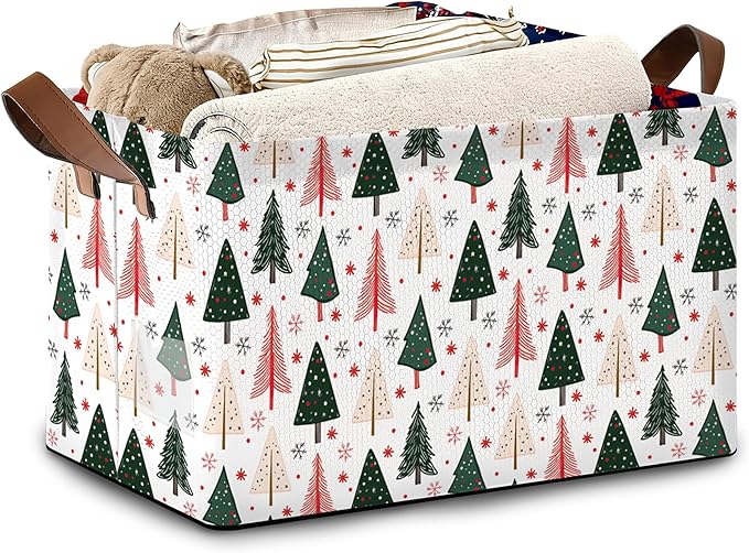 Christmas Tree Collapsible Storage Box,Winter Organizer Bin with Handles for Room Decoration,Bins Book Basket Box 17x11.5x10Inch