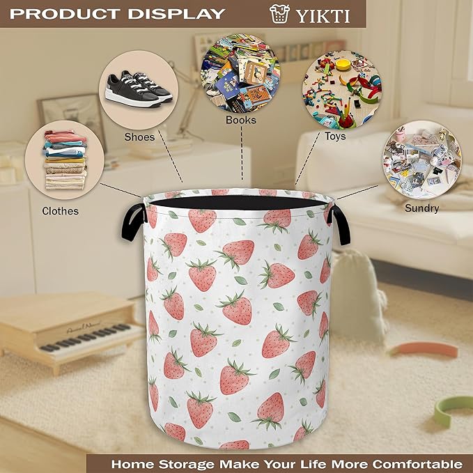 Watercolor Pink Strawberry Laundry Hamper,Green Leaves Collapsible Laundry Baskets,Waterproof Oxford Cloth Laundry Room Organization for Bedroom,Bathroom,Nursery,16x20 Inch