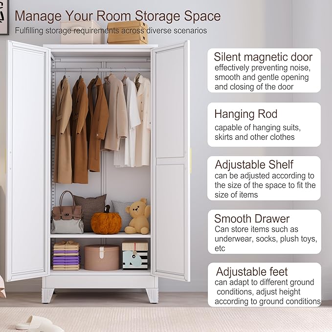 71" Metal Armoire Wardrobe Closet, Steel Clothing Storage Cabinet with Mirror and Adjustable Shelves, Household Steel Wardrobes Storage Cabinet with Adjustable Standing Feet and Hanging Rod（White）