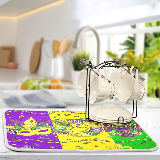 Happy Mardi Gras Dish Drying Mat for Kitchen Countertop 18x24 Fleur de Lis New Orleans Carnival Purple Green Large Drying Mat Reusable Quick Dry Dish Sink Mats Easy Clean Decorative Essentials
