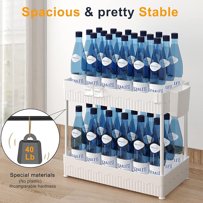 Sevenblue 2 Pack Under Sink Organizer, Under Bathroom Cabinet Organizer with Hooks Hanging Cup, Multi-Purpose Storage Shelf for Kitchen Bathroom (White, XL)