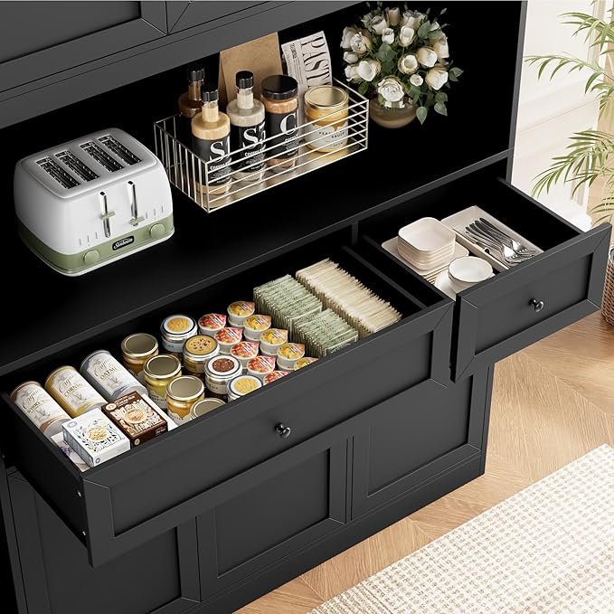 72" Kitchen Pantry Cabinet, Kitchen Hutch with Microwave Stand, Buffet Cabinet with Hutch for Dining Room, Black