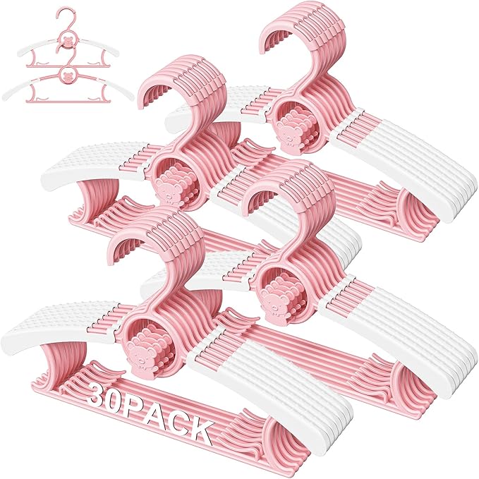 30 Pack Kids Hangers for Nursery Closet, Adjustable Non-Slip Toddler Baby Hangers with Windproof Buckle, 11-14" Infant Child Plastic Clothes Pant Hanger for Boys Girls Newborn Adult, Pink