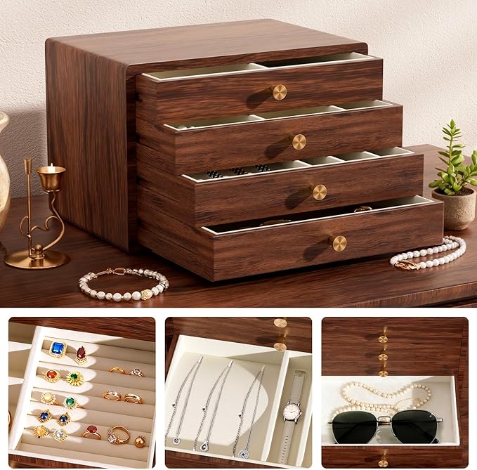 GENUINED Black Walnut Wooden Jewelry Box, Gifts for Women, Large High End Wood Jewelry Organizer, Vintage Style for Watch Necklace Ring Earring Storage(4 Layer)