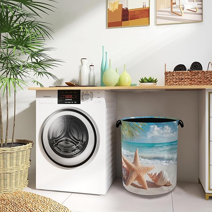 Starfish Shells Laundry Basket,Beach Oxford Cloth Laundry Hamper with Handle Foldable Portable Clothes Storage Basket for Bathroom Bedroom Dorm Room 16" x 20.8"