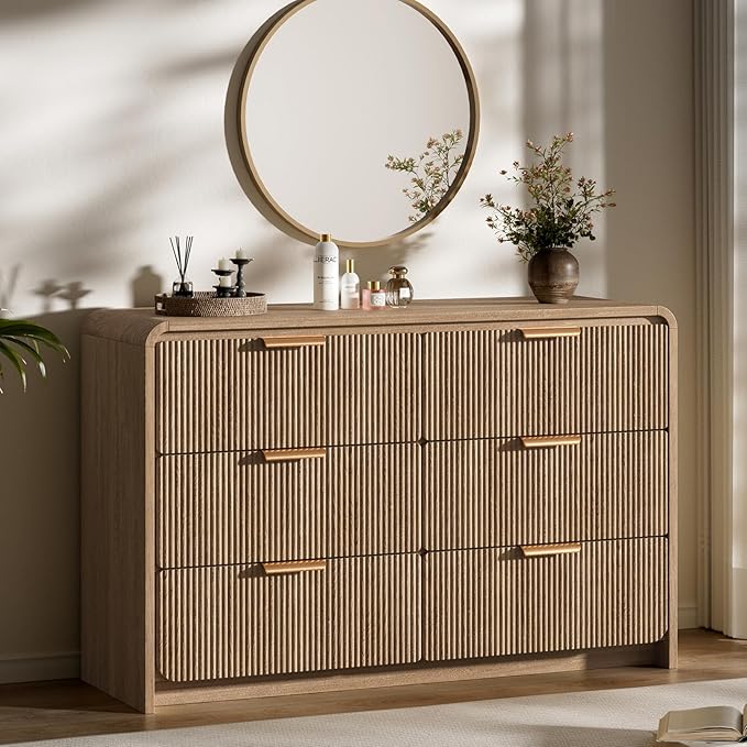 47" Wide Fluted 6 Drawer Dresser for Bedroom, Chest of Drawers with Curved Profile Design, Mid-Century Wood Closet Clothes Storage Organizer for Bedroom, Living Room, Hallway, Walnut