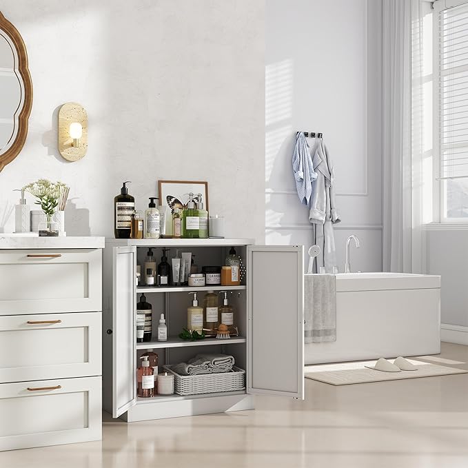 Kitchen Pantry Cabinet, 35" H Storage Cabinet with Doors and Adjustable Shelves, Metal Bathroom Cabinets, Utility Cabinets for Kitchen, Living Room, Garage, Assembly Required, White