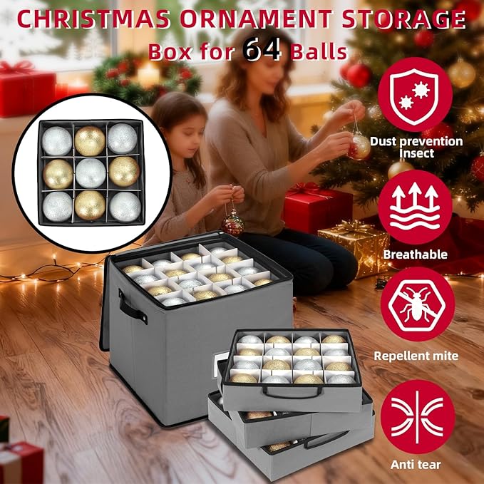 Christmas Ornament Storage Box With Adjustable Dividers,Ornament Storage Container With 4 Removable Trays for 64 Holiday Decorations,Gray