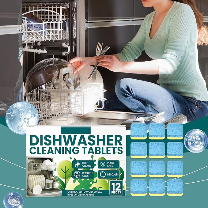 Dishwasher Cleaning Tablets, Deep Clean & Odor Removal, Works on All Types of Dishwashers, 12 Tablets